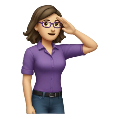 a caucasian brunette female, wearing a purple shirt and glasses, making the military salute gesture with her hand next to her head sticker