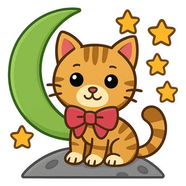 Add small yellow stars around the green moon, keep the tabby cat with pink bow, in emoji style with no background. sticker