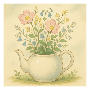 teapot with flowers growing out of it in ghibli style, charming, delicate, natural elements sticker