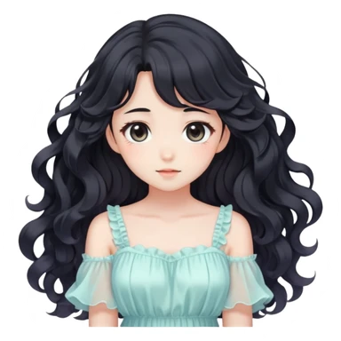 Pretty anime girl with flowing black wavy hair and a soft delicate pastel dress, kawaii style sticker