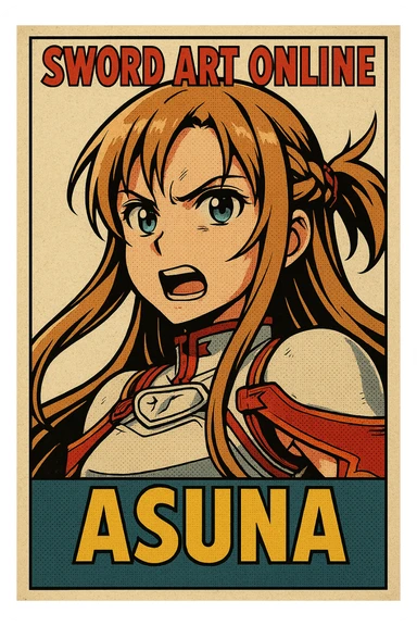 Sticker of Asuna from Sword Art Online in classic comic book style with a determined expression, inspired by the reference image. sticker