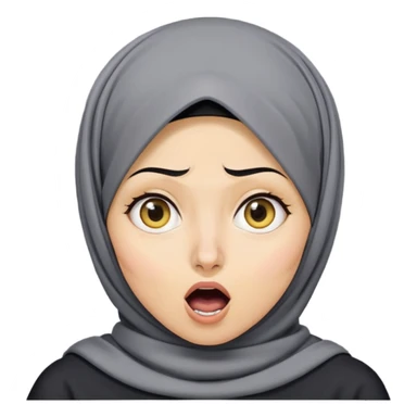 người phụ nữ 30 tuổi, da vàng, đội khăn hijab, tóc ngắn màu đen, mặt biểu cảm ngạc nhiên, mồm mở rộng hình chữ O, áo màu xám đậm sticker
