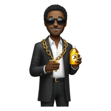 black man with a big chain and sunglasses holding a bottle of oil sticker
