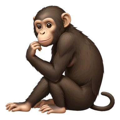 cinematic- cute friendly chimpanzee-realistic-full-body-sitting relaxed, side view -emoji,-lean-and-agile-frame-relaxed-on-the-ground,-long-arms-resting-lightly,-head-tilted-curiously,-coarse-dark-brown-fur,-expressive-deep-set-eyes,-simplified-yet-realistic sticker