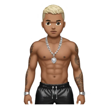 Chris Brown with black sequin baggy pants, shirtless with necklace sticker