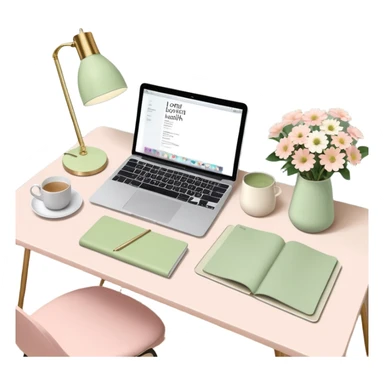 seeing a working from home desk from above with a macbook computer, fashion/interior magazines, flowers in a little vase, louis poulsen portable lamp with a dimmed cozy light and a iced matcha. very girly aesthetic sticker