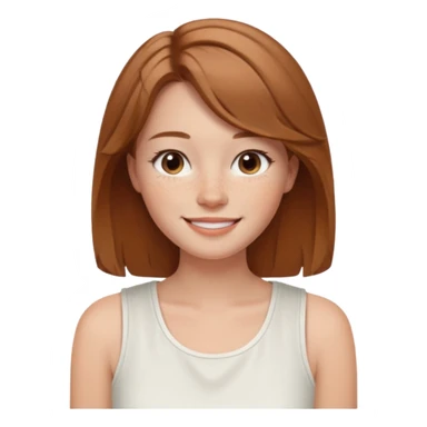 emoji of a woman named Freya McOmish, smiling, light brown hair, subtle freckles, modern casual style, wearing a white sleeveless top sticker