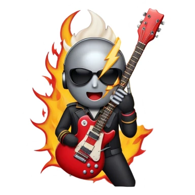 Create a bold and dynamic emoji representing rock vocal performance in a humanless collage. The design should feature a vintage microphone at the center, surrounded by key rock elements like an electric guitar, drumsticks, and a guitar pick. Include symbols of energy, such as lightning bolts or flames, and subtle musical notes or sound waves to evoke the raw power of rock vocals. Use dark, bold colors like black, silver, and red, with hints of chrome or metallic accents to convey the edgy, rebellious spirit of rock music. The background should be transparent. sticker