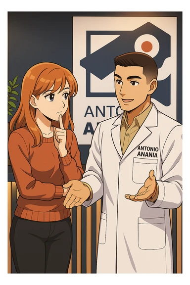su questo stile fai un manga/webtoon a colori in cui una donna SI TOCCA IL MENTO CON L'INDICE MENTRE ASCOLTA PENSIEROSA L'UOMO, l'uomo della foto in stile manga LE SPIEGA CHE DEVE PROVARE LA SUA VALUTAZIONE MEDICA, mantieni un ambiente simile alla foto che ho allegato con il suo logo (sarebbe il suo studio, lui è un kinesiologo), scrivigli "ANTONIO ANANIA" sul camice bianco, non mettere fumetti, ma fai in modo che sembri che la donna ASCOLTI l'uomo sticker