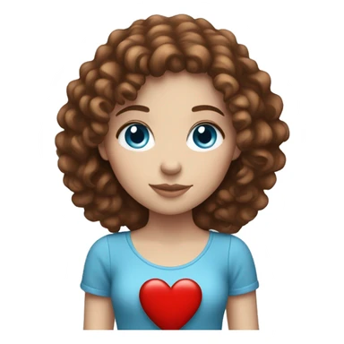 A white girl with blue eyes and brown curly hair holding a red heart sticker