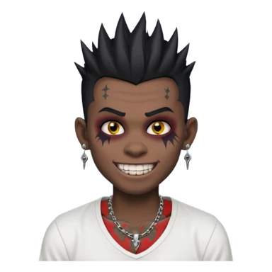 zombie boy with spiky emo black hair and white shirt , tattos, a risk on the eyebrow, earings,  a necklace emoji, with grills in his mouth and he’s smiling, change skin color to darkskin sticker