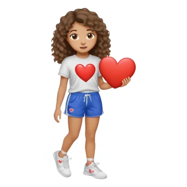 A girl with wavy but slightly curly hair wearing sweatshorts and a shirt and cute sneakers and their skin color is tan but not so tan with slightly long lashes holding a heart and the heart says “i 🤍 you” sticker