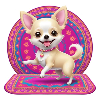 Wonderful white hairy chihuahua with pale pink tongue out, dancing on a colourful flying carpet sticker