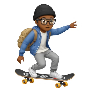 a light black guy with a beanie , tecno glasses . dressed baggy and tecno going on the skateboard  sticker