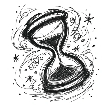 aesthetic hourglass turning over, chaotic black outlined icon style, expressive lines, dynamic motion, bold and artistic look sticker