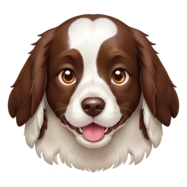 Cinematic Cute Springer Spaniel Portrait Emoji, Head tilted playfully and inquisitively, featuring a vibrant Fur of liver and white with a natural sheen, round, sparkling brown eyes filled with curiosity, Simplified yet irresistibly adorable features, highly detailed, glowing with a warm, friendly glow, high shine, affectionate and lively, stylized with a touch of whimsy, bright and endearing, soft glowing outline, capturing the essence of a mischievous yet loving pup, so playful it feels like it could frolic out of the screen and into your arms! sticker