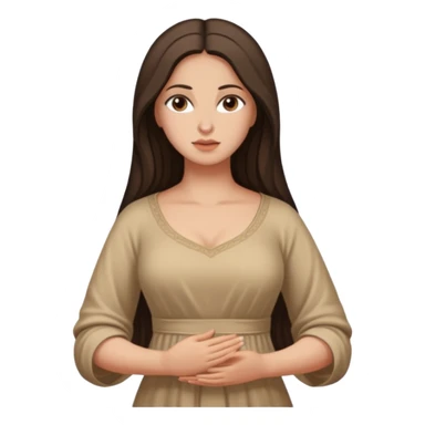 fullbody Mary Magdalene, buxom and fit figure, very pretty detailed face, plain light tan dress, arms down, no hood, dark hair sticker