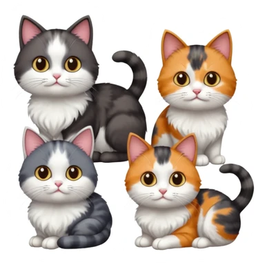 4 different coloured short haired cats including; a dark brown and white cat, and a dark grey and white, and a calico sticker