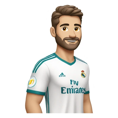 Hombre europeo moreno con perilla con camiseta del real madrid sticker