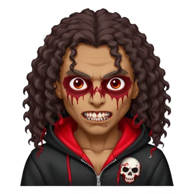 Vampire wearing black hoodie with a skull logo on it, long curly hair, brown skin, fanged teeth, blood under eye sockets/forehead, piercings on eyebrows and long curly hair with a patch (section) of red sticker