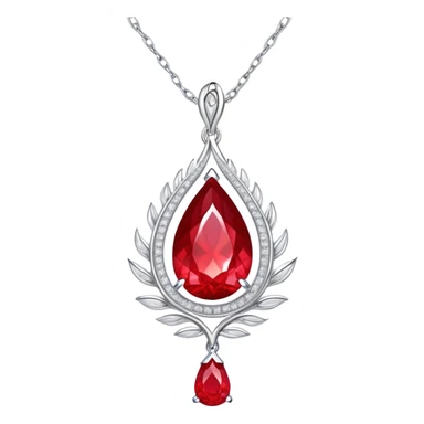 teardrop ruby pendant with fiery light, tiny phoenix feather emerging, haloed by shimmering white stones, silver chain like liquid moonlight sticker