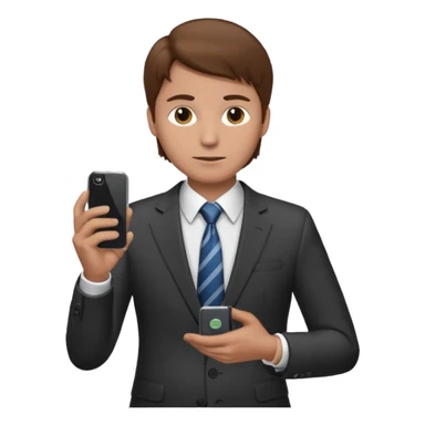 Un hombre de traje con tez clara pelo color castaño, vestido con traje camisa y corbata y celular en mano .  sticker