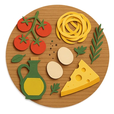 A realistic top-down view of a wooden kitchen table with various common ingredients neatly arranged (like tomatoes, pasta, eggs, cheese, herbs, olive oil). The background should be dark and soft to match a modern app interface. Lighting should highlight the ingredients naturally, with soft shadows. No text, no hands, minimalistic but warm and homely, like a mobile UI background for a cooking app. Should be circle sticker