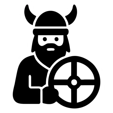 Norwegian Viking with red beard and helmet with horns. Holds a round shield with Norwegian pattern sticker