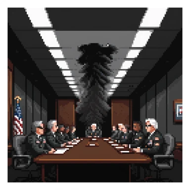 a SNES box art image of PENTAGON officials in a dark smoke filled board room meeting. cutscene graphic - 3/4 side perspective sticker