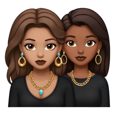 Boujy baddie best friends, trendy heavy makeup both dark hair one light skinned and one mocha brown pretty hair style both wearing black and earrings and necklace one mocha brown skin sticker