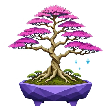 Futuristic wild glowing et alien moss maples Bonsai hair-fine-leaf group crimson crystal boxwood purple and cream pink blue informal rocky cliffhanger eight tree forest planting in shallow origami slab style pot with big feet  sticker