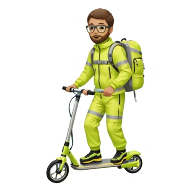 Man wearing a neon yellow high-vis waterproof suit with reflective stripes, carrying a large hiking backpack, standing on a stunt scooter. He has short brown hair, a trimmed beard, glasses, and is by the sea on a concrete platform. sticker