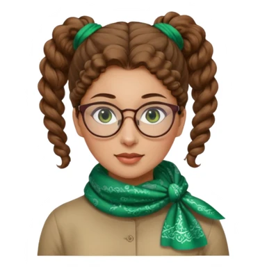 iranian woman, tight curly light brown hair in one high pony tail, glasses, green eyes, pretty, oval shape face, no hajib, scarf on neck sticker