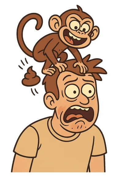 playful monkey sitting on a man's head, dropping poop, exaggerated comic expressions, no background sticker