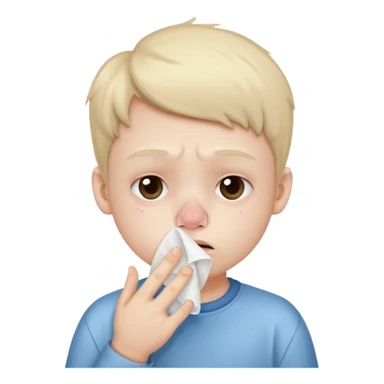 sick kid with tissue on nose and fever sticker