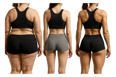 fai una donna di spalle in gym shorts leggermente sovrappeso e con cellulite e accanto una seconda donna di spalle magra (che è dimagrita post dieta) e accanto una terza donna in forma allenata e con le giuste proporzioni, l'immagine deve rappresentare il processo: da donna grassa, a donna piatta e magra, a donna allenata e in forma con i giusti muscoli, iperrealistico 4k sticker