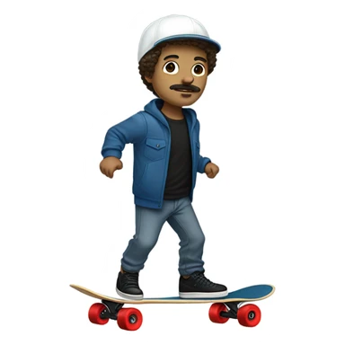 White guy with mustache skateboarding short curly hair with gold sparkly helmet and red wheels black cargo pants and blue sweatshirt and black shoes sticker