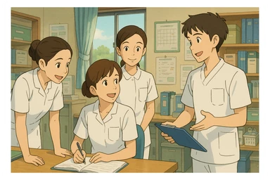 quatre étudiants infirmiers en interaction, style Ghibli, poste de soin, uniformes blancs à manches courtes, tuniques médicales col en V, poche poitrine à gauche, pas de stéthoscopes ni vêtements sous les manches, ambiance collaborative sticker