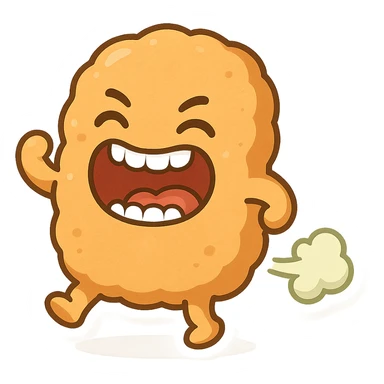 silly chicken nugget character, mouth wide open with teeth, farting, animated and fun style sticker