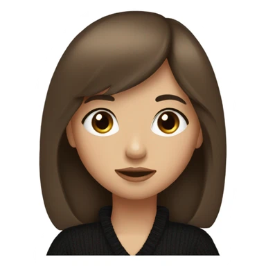 A girl with brown eyes, full lips, long brown hair with bangs, wearing a black sweater sticker