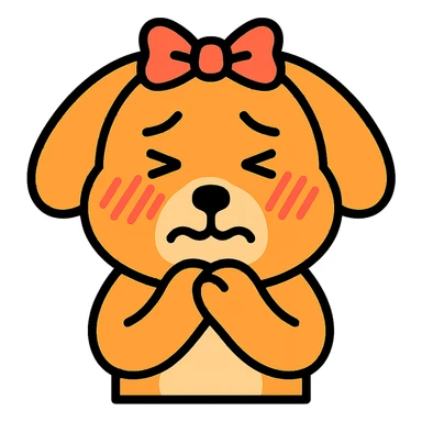 blushing, embarrassed dog with a ribbon on its head, black outlined icon style with light color accents sticker