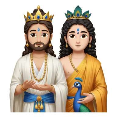 Create a Jesus, Krishna, and Buddha standing together. Krishna: bright blue skin, black curly hair tied in a small topknot, a tiny golden crown decorated with a peacock feather, wearing a yellow dhoti and light golden jewelry

 sticker