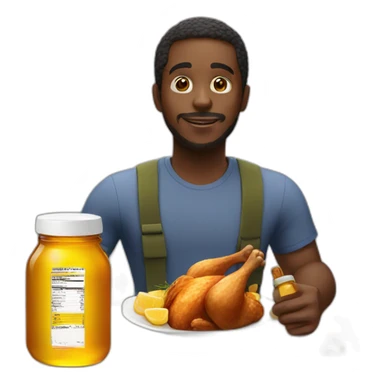 Black man eating chicken next to a honey bottle sticker
