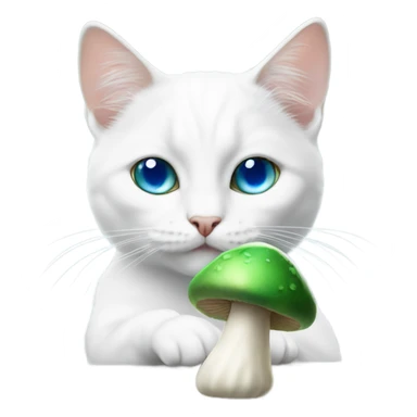 white cat with one blue eye and one green eye eating a mushroom sticker