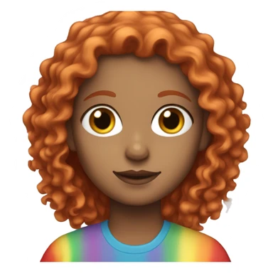white girl with a rainbow shirt and a red curly hair sticker