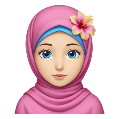 Turkish beautiful finish Konya girl blue eyes with pink yellow summer hijab islamic dress and had on her hijab hibiscus flower sticker