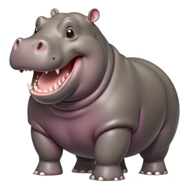 cinematic-hippo-realistic-full-body side view-standing on all fours-emoji,-massive-round-frame,-wide-mouthed-grin-exposing-huge-teeth,-head-tilted-dramatically,-thick-greyish-brown-hide-glossy-from-water,-simplified-yet-realistic-focused-features,-highly-detailed,-glowing-with-an-almost-sarcastic-glow sticker