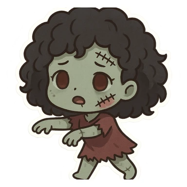 girl zombie with curly black hair, stitched face, cartoon style sticker