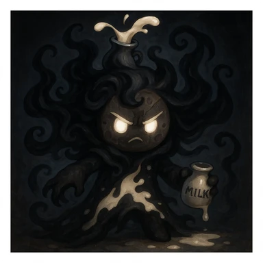 Shadow Milk Cookie, a mysterious cookie character with dark, shadowy swirls, glowing eyes, and a milk motif sticker