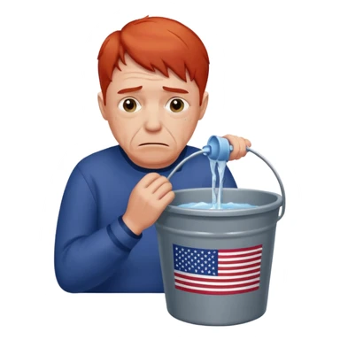 short red haired older man crying into bucket with USA flag on it sticker